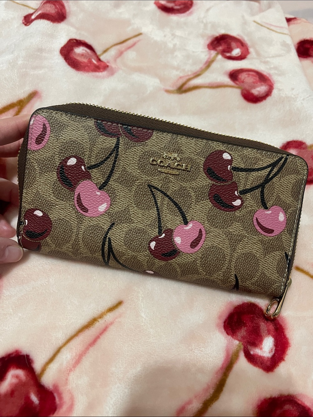 Coach Brown Signature Cherry Zip Wallet with Pink Accents